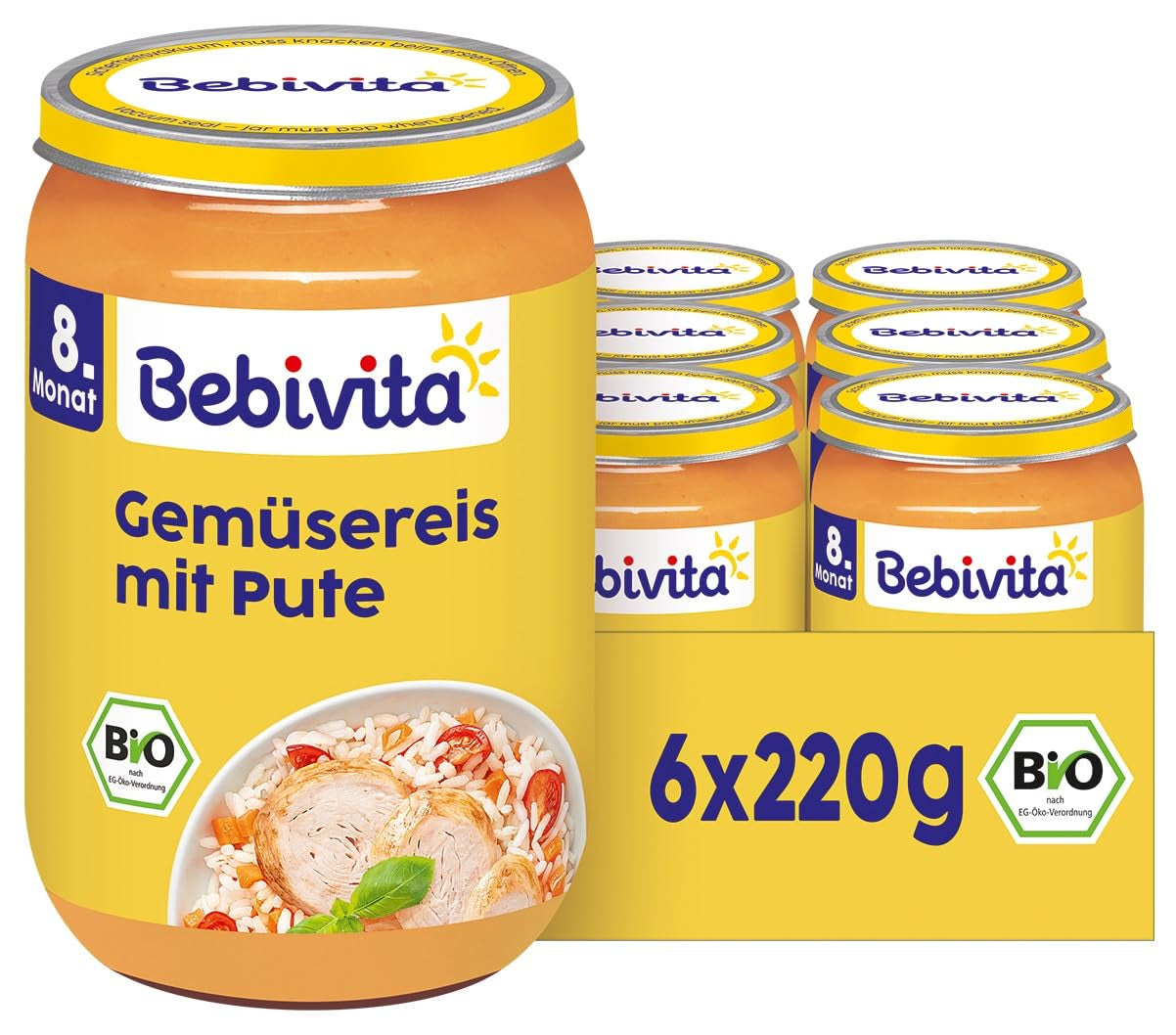 Repas à partir de 8 mois : Riz aux légumes et dinde tendre, 220g, paquet de 6 (6x220g)