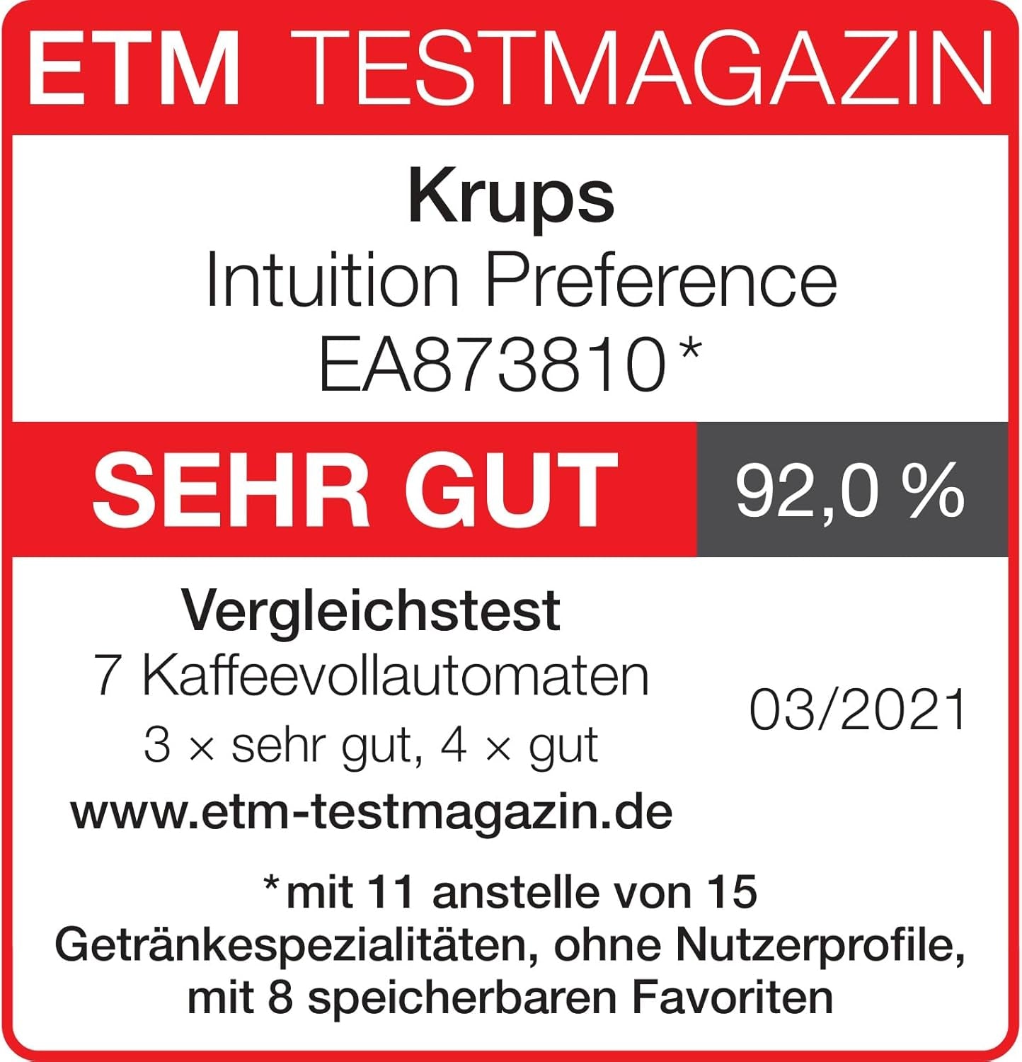 Machine à expresso entièrement automatique Krups Intuition Preference avec fonctionnement semblable à celui d'un smartphone, écran tactile couleur 3,5", technologie Smart Slide, système d'éclairage intuitif, 11 boissons, réservoir à lait, EA873810