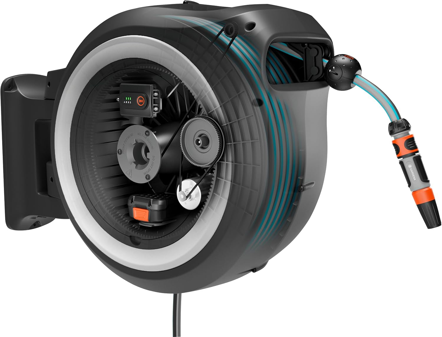Gardena PowerRoll XXL Solo Dévidoir mural sans fil : enrouleur automatique avec tuyau d'arrosage de 40 m, guide de tuyau et RollControl, alimenté par batterie, résistant aux UV et au gel (18647-55)