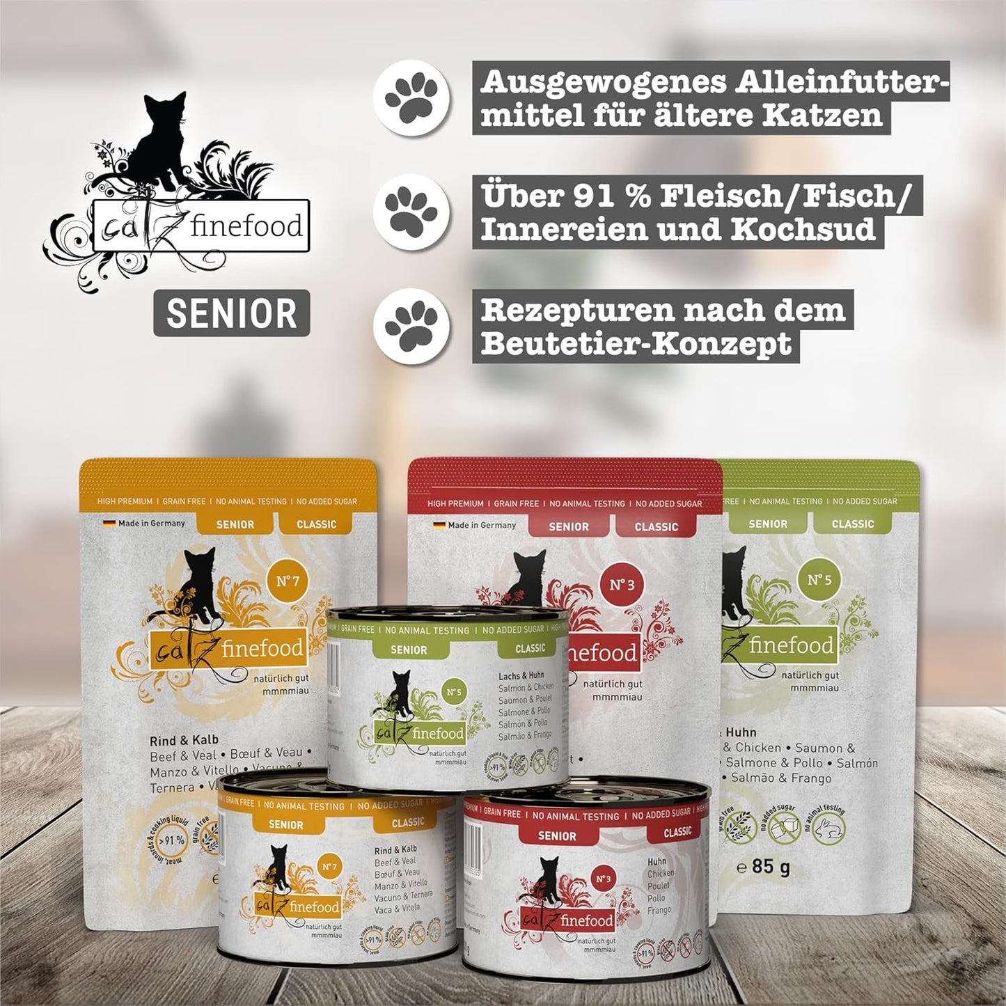 catz finefood Senior Collection Katzenfutter nass - Premium Nassfutter für Ihre Senior Katze - getreidefree, ohne Zucker, hoher Fleischanteil, Vitamine & Mineralien (6 x 200g Dose)