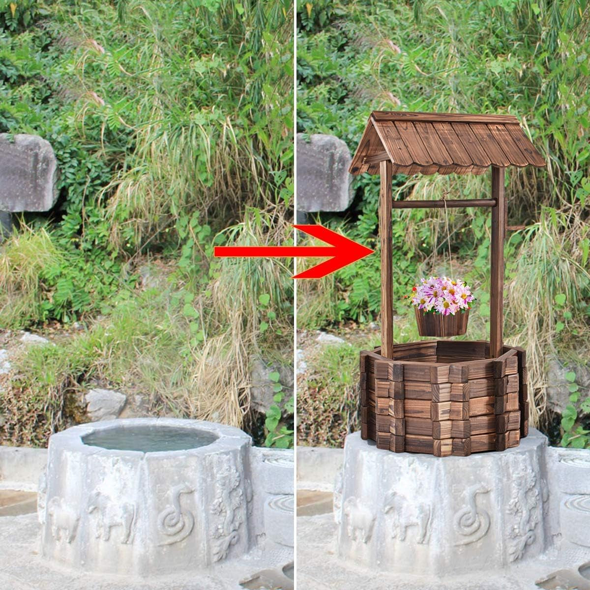 Fontaine en bois 56x56x114cm avec toit, Puits à souhaits, Décoration de jardin, Pots de fleurs, Fontaine décorative, Pots de fleurs, Marron
