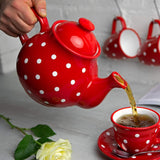 City to Cottage® - Grand service à thé | Rouge et Blanc | Points | Fait à la main | Théière en céramique 1,7 litres, pot à lait, sucrier