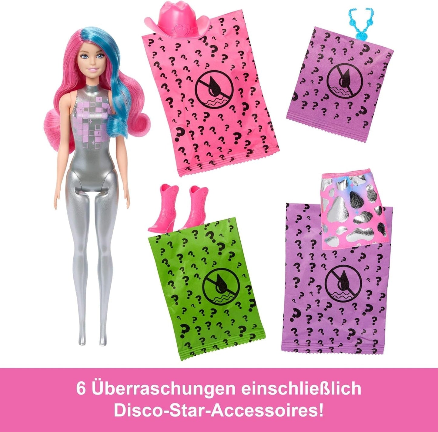 Poupée mannequin Barbie Color Reveal et accessoires avec 6 surprises, série Disco Star avec paillettes métalliques et haut à couleur changeante (les styles peuvent varier), JCP01 Naty Shop Dolls