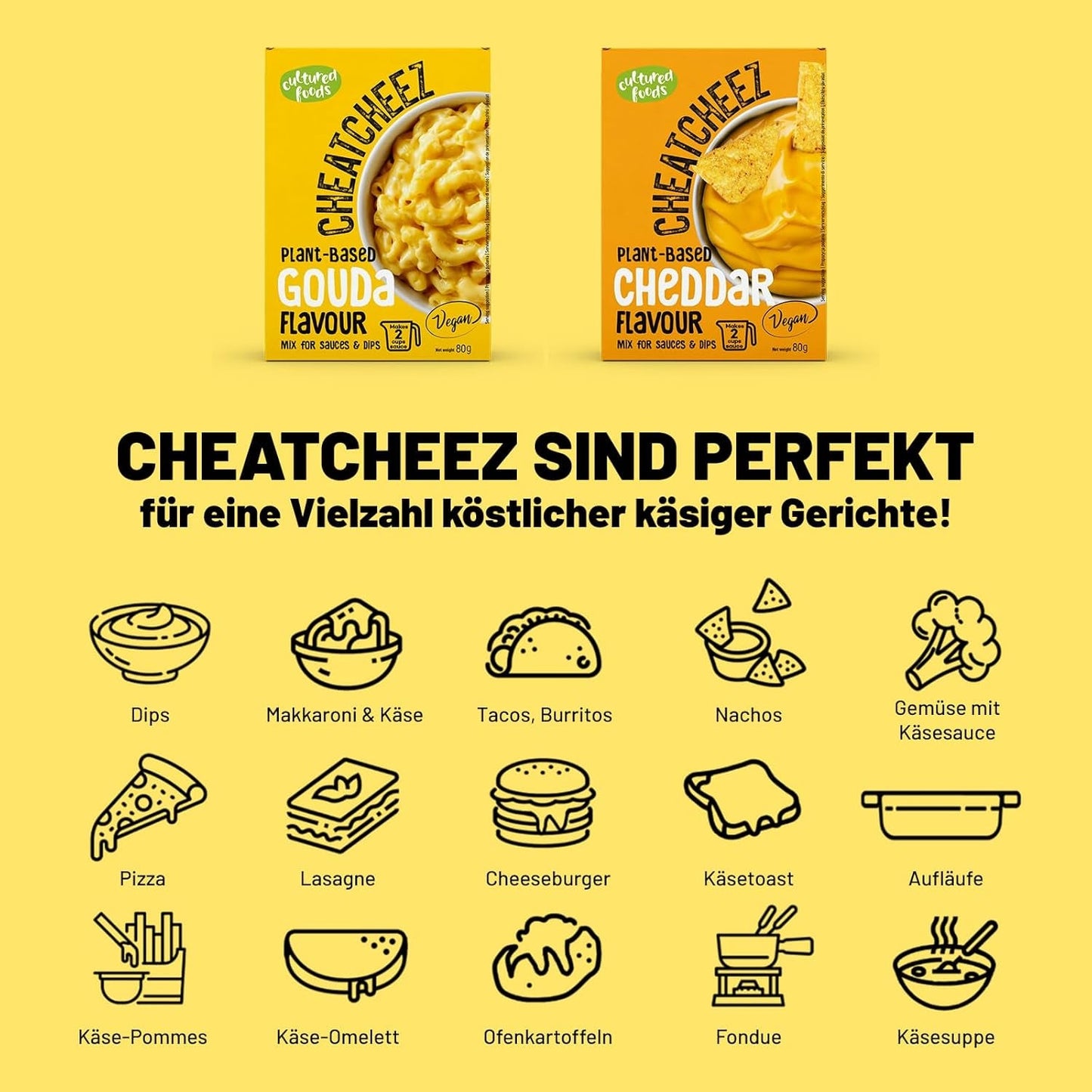 Cultured Foods Vegan 3-er Set Macaroni au fromage végétalien, sauce Gouda, sauce cheddar, Laktosefrei sans gluten MAC & CHEEZ CHEATCHEEZ
