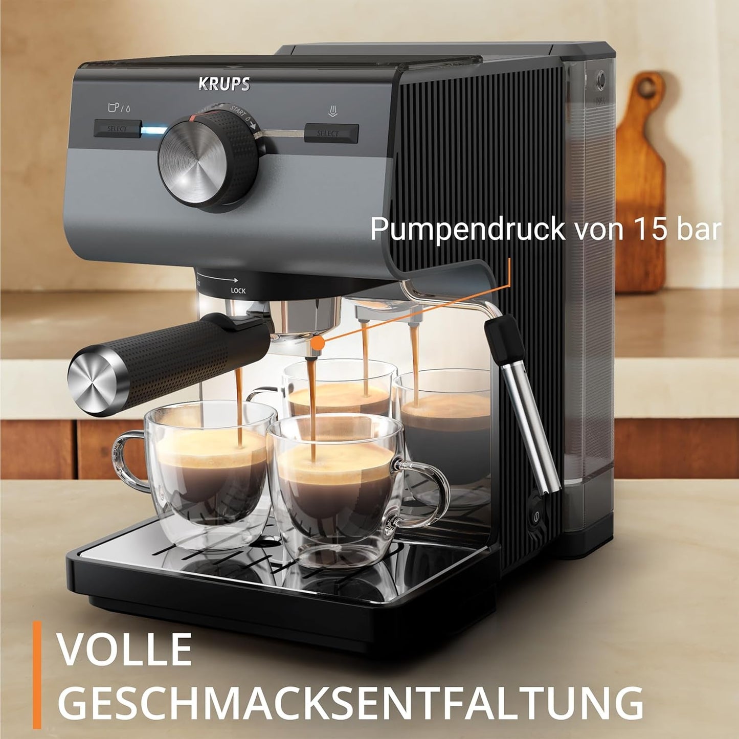 Machine à expresso KRUPS Authentic+, 15 bars, commande intuitive, design sophistiqué, buse vapeur, accessoires étendus inclus, Bullet Dark silver/Acier inoxydable, XP384G10
