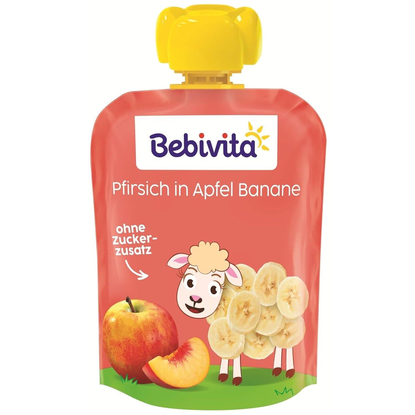 Sachets compressibles pêche, pomme et banane - 16 (paquet de 4, 4 x 90 g chacun), sans sucre ajouté, sans gluten, idéal pour les collations à emporter et l'autoconsommation