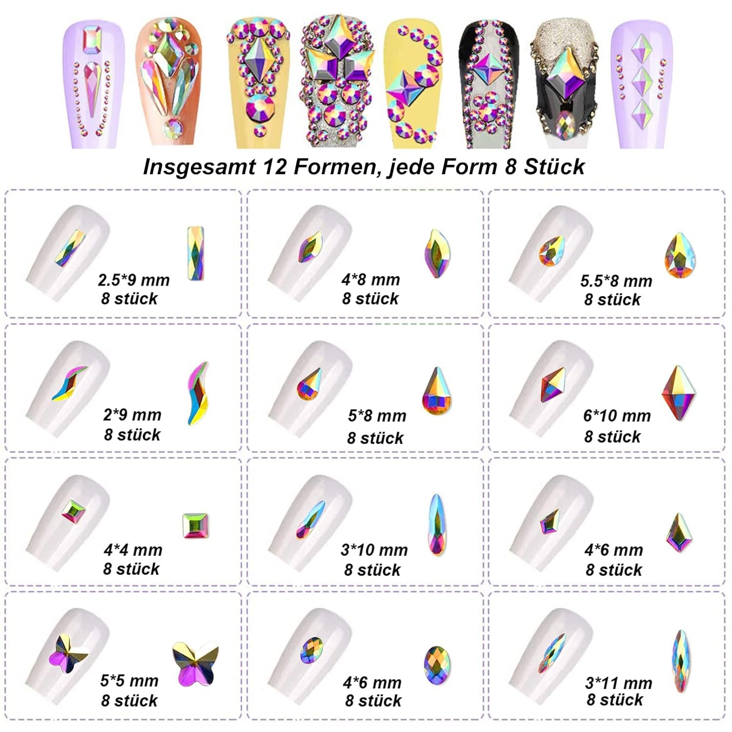 FITDON Ensemble de 3200 Pierres à Ongles Pierres AB en Verre Multiformes et Pierres AB à Paillettes de Diamant Transparent pour Décoration Nail Art Kits de Bricolage Bijoux Porte-clés Accessoires pour Ongles