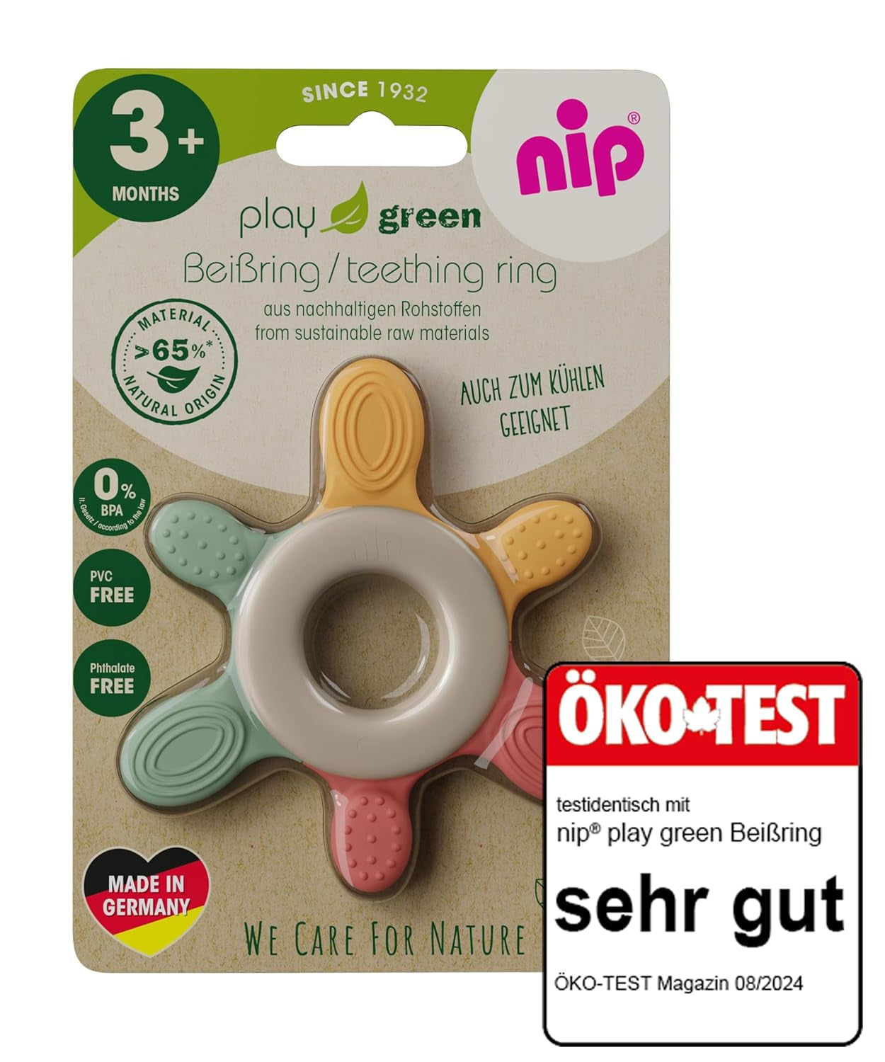 pincement – ​​Anneau de dentition | Anneau de dentition durable pour bébés à partir de 3 mois, composé à plus de 65 % de matières premières naturelles. Pour un massage doux des gencives, de la langue et des dents | Rouge/Vert/Orange
