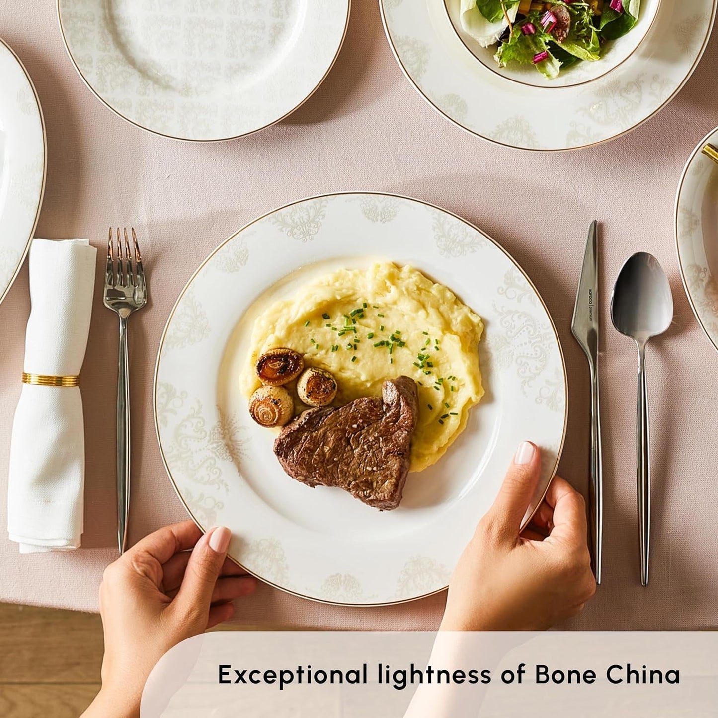 Karaca Elegance Bone Siena Service de table pour 12 personnes, service de table moderne en porcelaine, service de table avec bols à soupe, plateau de service, assiettes creuses, assiettes à dessert – Blanc et doré