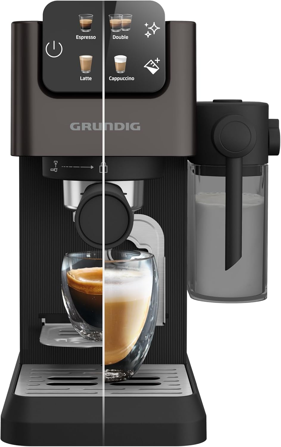 Machine à expresso porte-filtre GRUNDIG KSM 5330 avec réservoir à lait intégré, puissance 1628 W, pression de pompe 15 bar, double buse, écran tactile couleur, BrewSense, CreamyPro, acier inoxydable foncé/noir