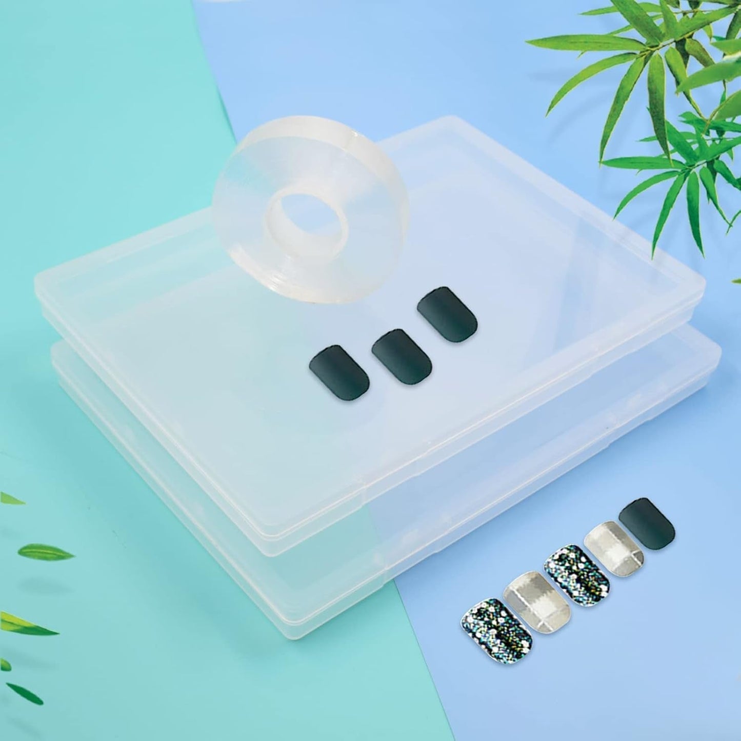 2 pièces 30 cm ruban adhésif double face boîte de rangement pour ongles artificiels boîte rectangulaire transparente boîtes d'emballage en plastique conteneur de pointes d'ongles ongles artificiels 21.8x15.5 cm