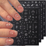 Autocollants d'ongles métalliques argentés 3D, autocollants d'ongles pour femmes, étoile, lune, soleil, feuille d'ongles, autocollants auto-adhésifs, autocollants d'ongles papillon, autocollants d'ongles, accessoires de conception d'ongles, 8 pièces