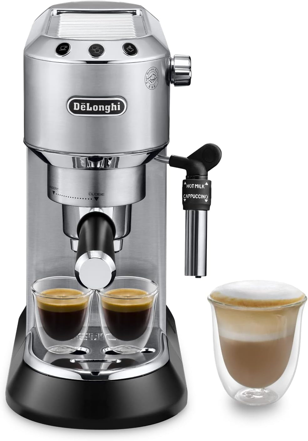 De'Longhi Dedica Style EC 685.B – Machine à expresso avec porte-filtre, machine à expresso avec mousseur à lait professionnel, seulement 15 cm de large, pour café moulu ou capsules ESE, réservoir d'eau 1 l, noir