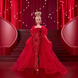 Barbie Signature Doll 80e anniversaire Mattel Figurine de collection en robe de tulle rouge scintillant avec boucles d'oreilles en forme de larme et gants délicats cheveux blonds JBJ17