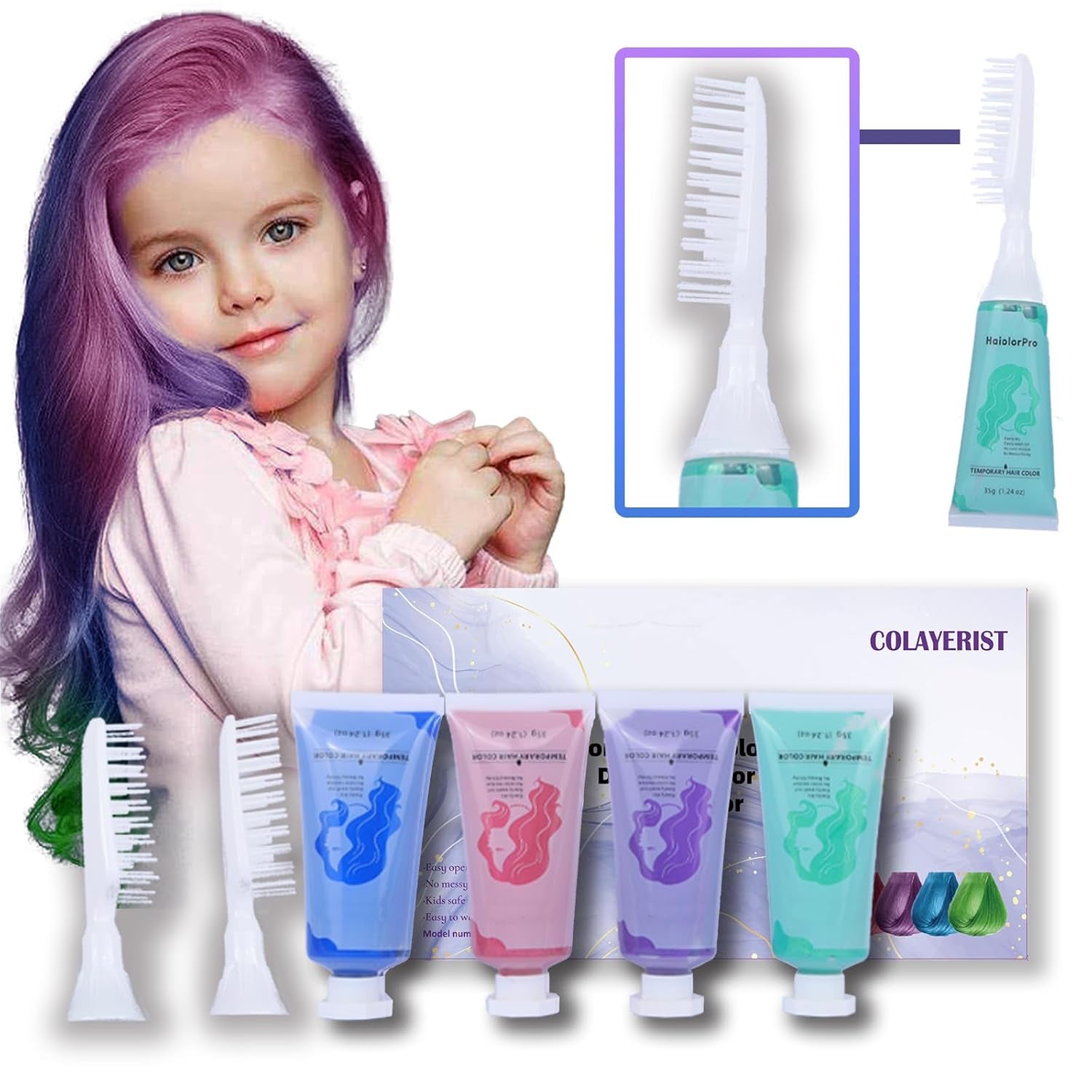 COLAYERIST Craie à Cheveux 4 Couleurs Craie à Cheveux pour Filles Adultes Ensemble de Teinture pour Cheveux Temporaire pour Enfants Enfants Lavable Craie à Cheveux Non Toxique Cadeaux Filles 6 7 8 9 10 11 12 13 Ans Naty Shop Vert+Bleu+Rose+Violet