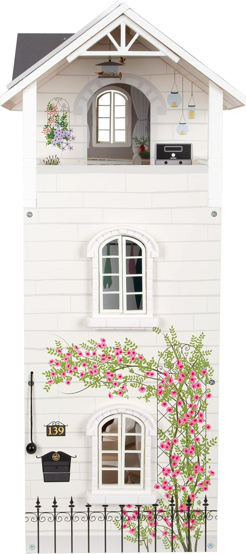 Small Foot Maison de poupée Maison de ville en bois à 3 étages avec façade ouverte et 12 meubles pour 3 ans et plus 11802 Maisons de poupée gris blanc Naty Shop