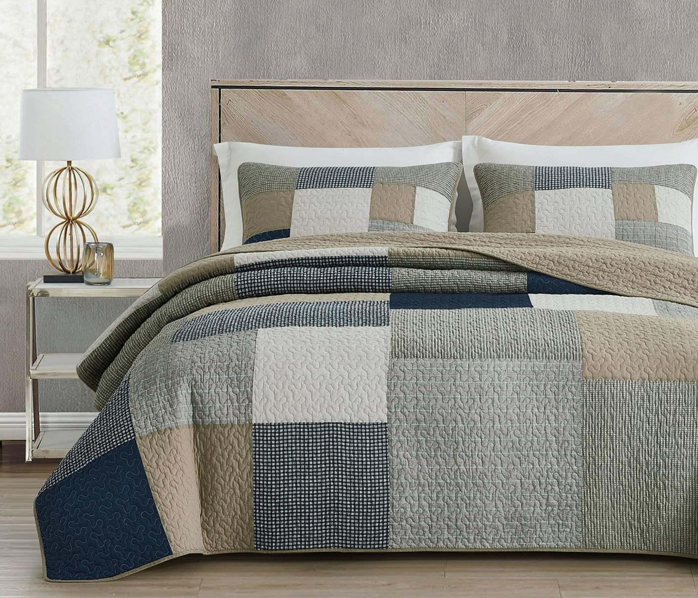 Chezmoi Collection Ensemble de courtepointe Addy Patchwork en coton prélavé léger réversible toutes saisons surdimensionné 3 pièces bleu marine blanc gris taupe courtepointes et courtepointes à carreaux Naty Shop