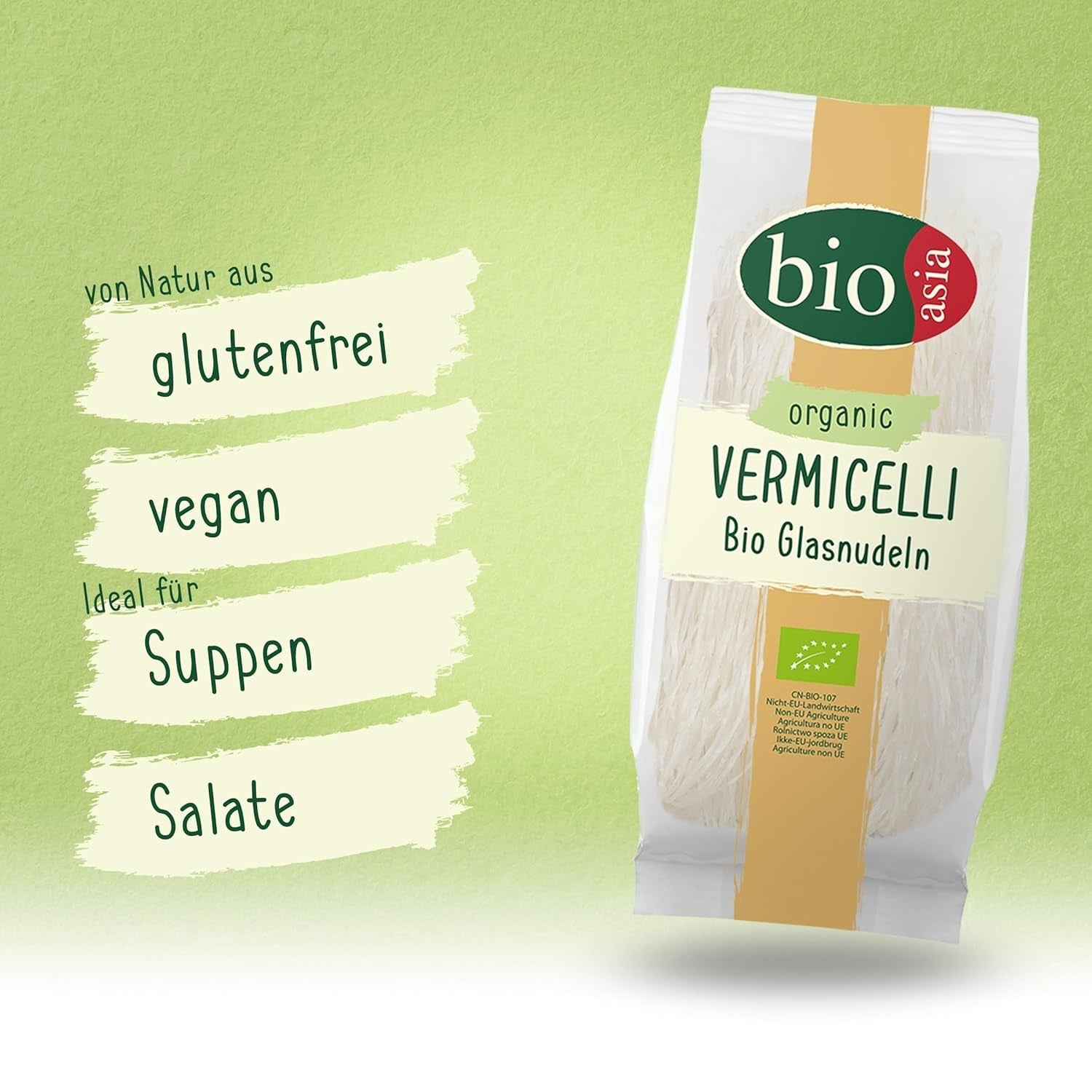 Bioasia Nouilles en verre biologiques – Nouilles longues en verre à l'amidon de pois biologique – Naturellement végétaliennes et sans gluten – 1 x 100 g