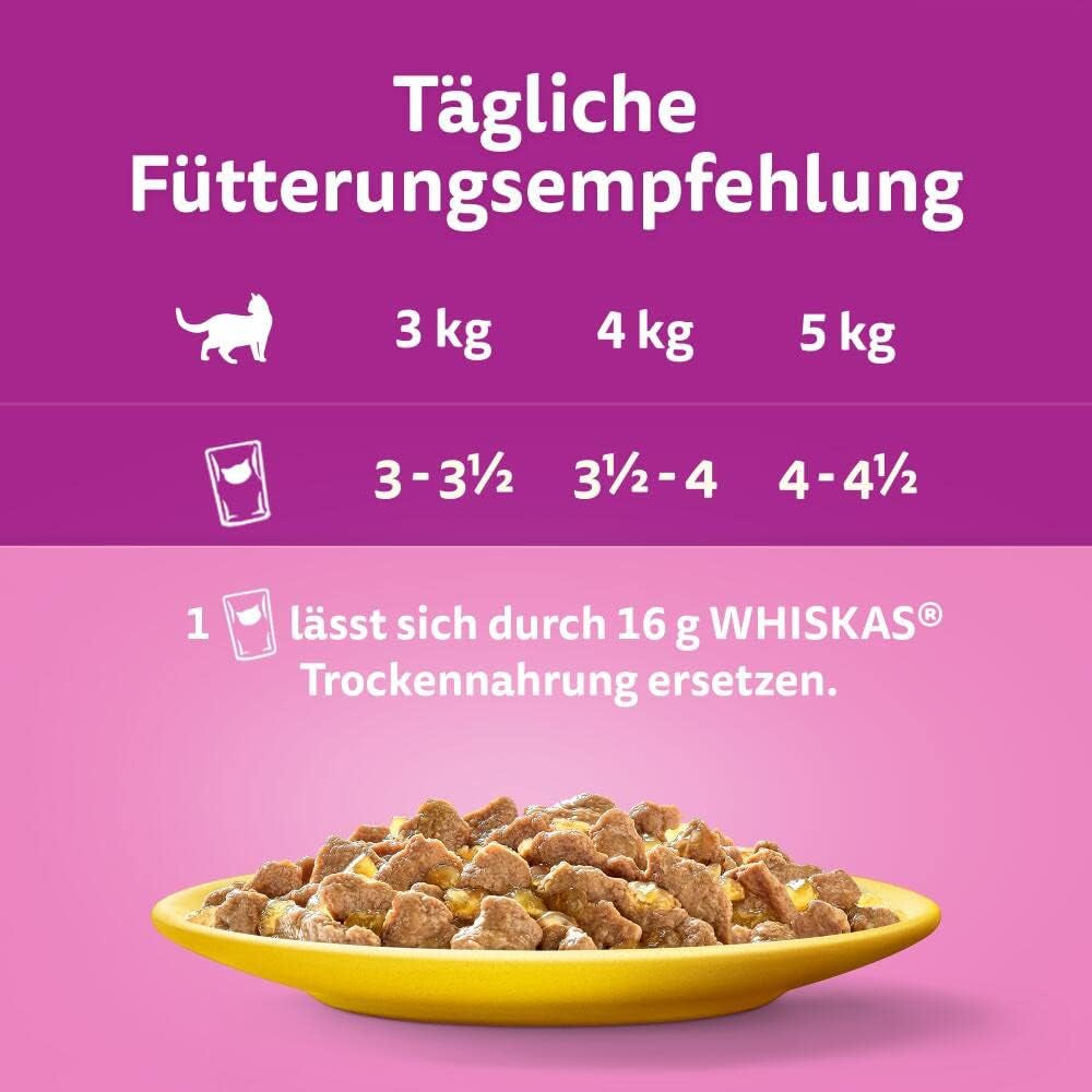 Whiskas 1+ nourriture humide pour chats au poulet en gelée, 28x85g (1 paquet) - Nourriture humide de haute qualité pour chats adultes en sachets de 28 portions