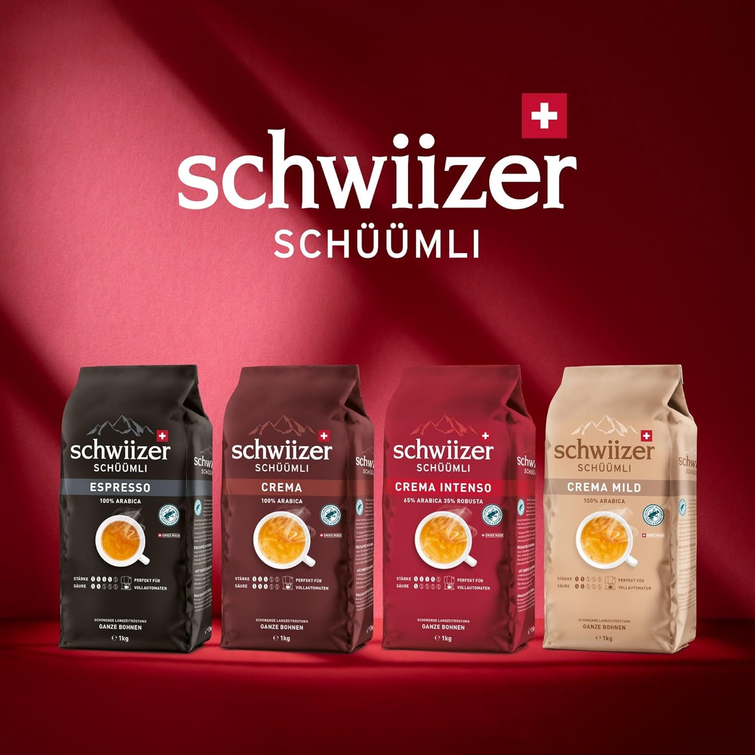 Schwiizer Schüümli Crema Doux, 100 % grains de café Arabica de qualité supérieure, fruité et noisette, pour machines à café entièrement automatiques, intensité 2/5, torréfaction légère, certifié Rainforest Alliance, 1 kg (lot de 2)