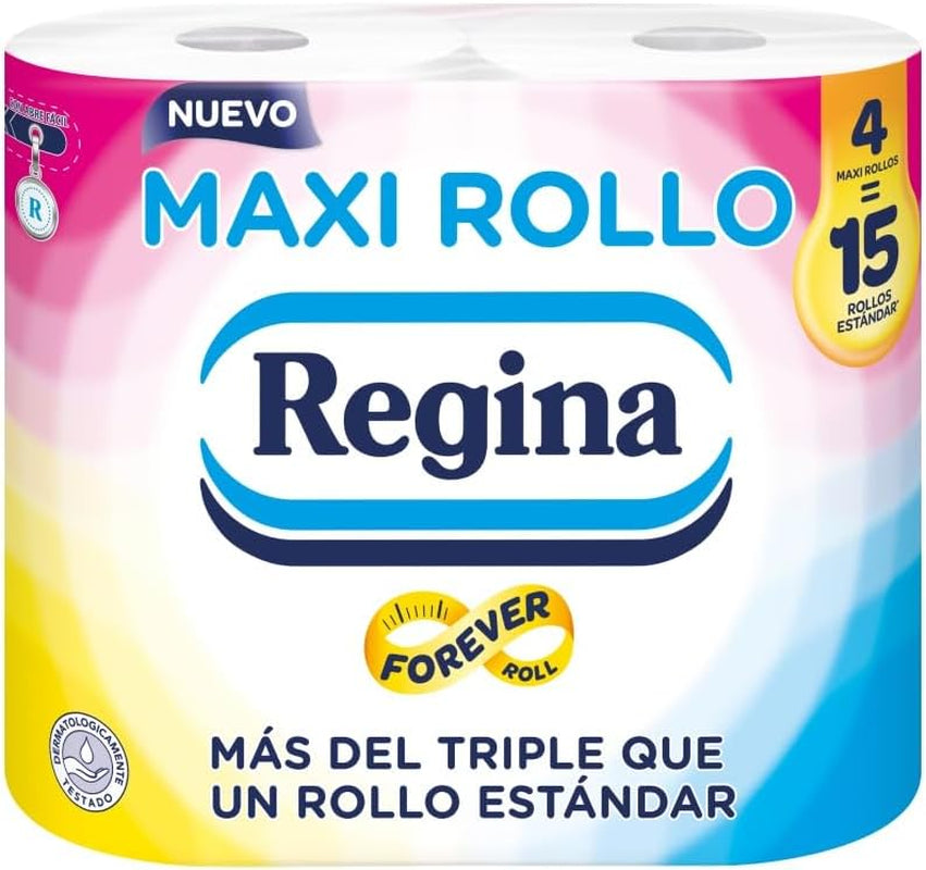 Regina Maxi Roll - 4 rouleaux de papier toilette, 500 feuilles 2 épaisseurs par rouleau, plus de trois fois un rouleau standard, emballage en plastique recyclé à 60 %, papier certifié 100 % Fsc