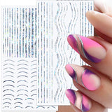 12 feuilles d'autocollants pour ongles auto-adhésifs lignes pailletées laser autocollants holographiques rayures bronze autocollants pour ongles ligne française arcs incurvés lignes ondulées autocollants pour ongles accessoires de nail art