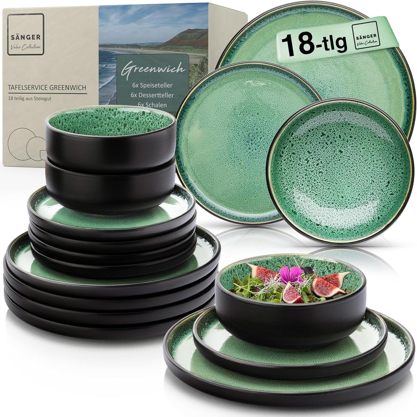SÄNGER Greenwich | Service de table en grès, 18 pièces, service d'assiettes pour 6 personnes, service de table (6 assiettes plates, 6 assiettes à dessert, 6 bols), vert, résistant aux rayures, vaisselle | LA COLLECTION VALEUR