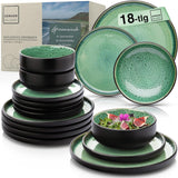 SÄNGER Greenwich | Service de table en grès, 18 pièces, service d'assiettes pour 6 personnes, service de table (6 assiettes plates, 6 assiettes à dessert, 6 bols), vert, résistant aux rayures, vaisselle | LA COLLECTION VALEUR