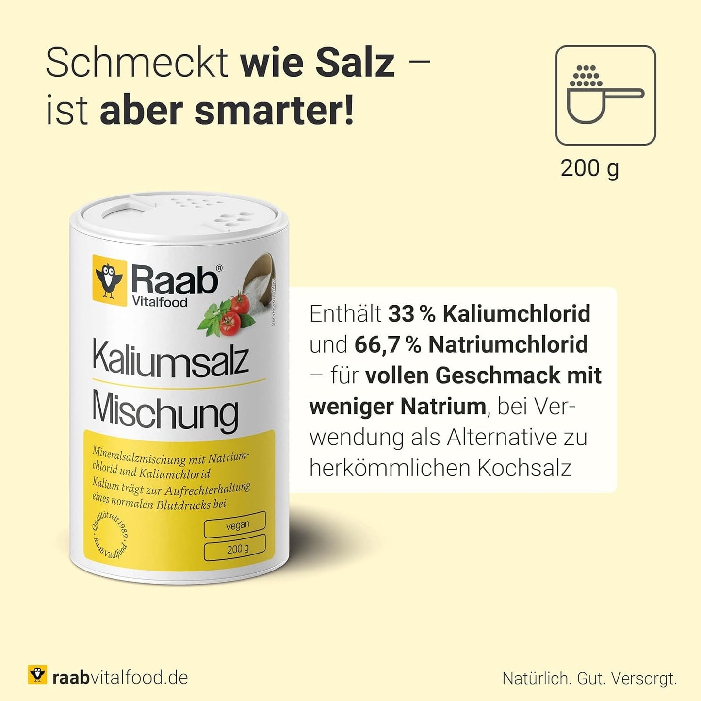 Raab Vitalfood Mélange de sel de potassium, mélange de sel minéral avec 66,7 % de chlorure de sodium (eau de Cologne) et 33 % de chlorure de potassium, le potassium est destiné à l'alimentation en eau normale d'un liquide à base de sel (dose de 1 x 200 g)