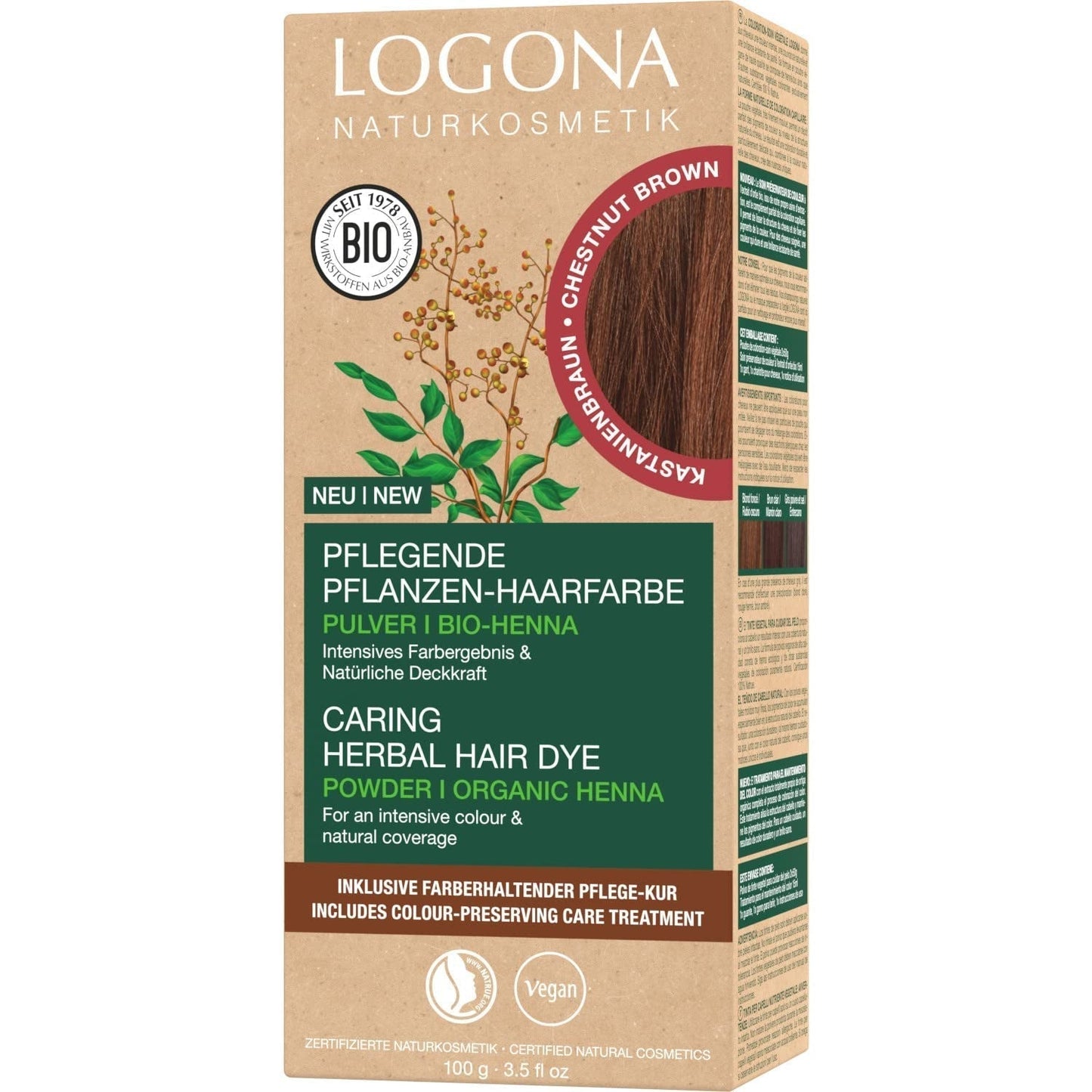 LOGONA Natural Cosmetics Teinture capillaire nourrissante à base de plantes, teinture capillaire végétalienne en poudre de henné biologique pour une couleur et une brillance intenses, teinture capillaire à base de plantes en blond cuivré (blond), 1 x 100 g Naty Shop Coloration capillaire châtain 100 g (1 paquet)