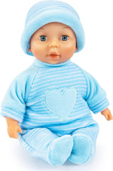 Bayer Design 92802AU My First Baby 28 cm, poupée bébé, poupée au corps doux avec des yeux endormis, très pratique, tenue mignonne, bleu avec cœur