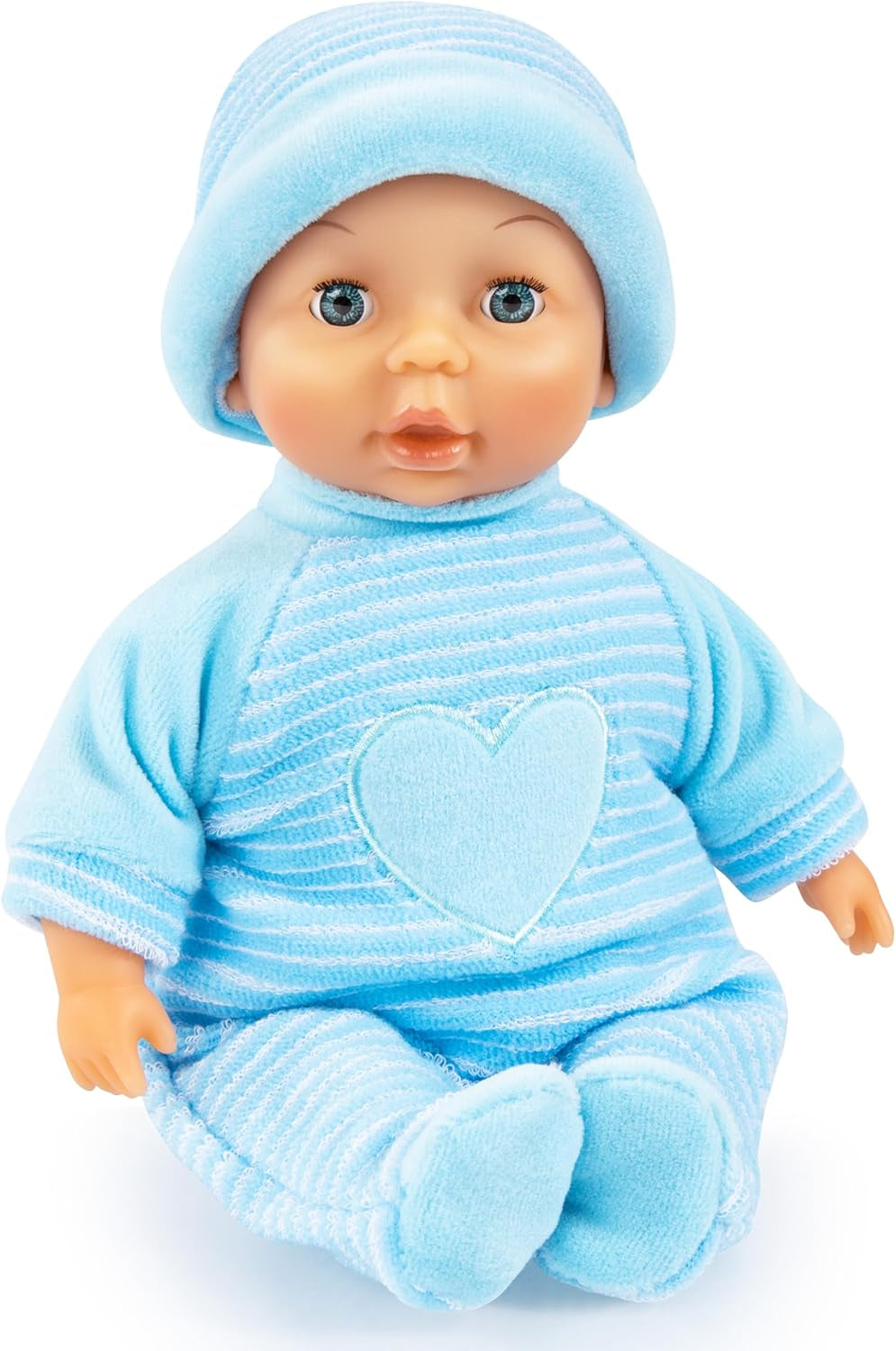Bayer Design 92802AU My First Baby 28 cm, poupée bébé, poupée au corps doux avec des yeux endormis, très pratique, tenue mignonne, bleu avec cœur