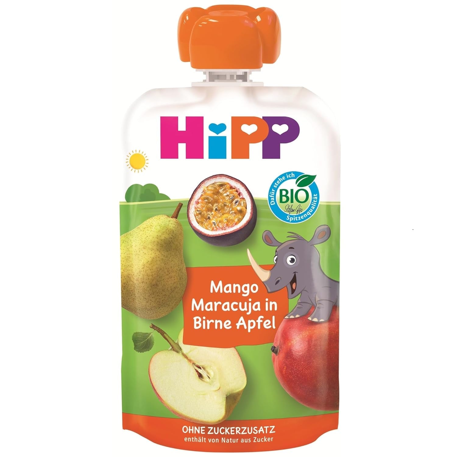 HiPP Bio Mangue-Passion Sachet Saveur Poire-Pomme - Nick Rhino (8 x 100g), à partir de 1 an, 100% purée de fruits, sans sucre ajouté, végétalien, meilleure qualité biologique