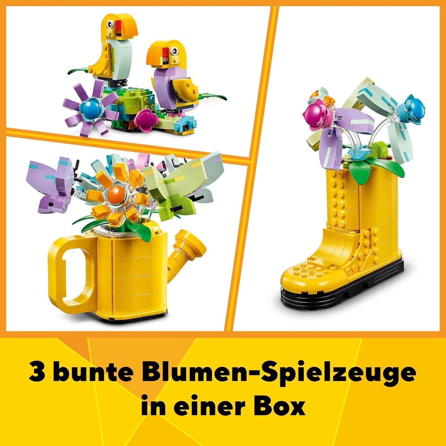 LEGO Creator Ensemble d'arroseurs de fleurs 3 en 1, décoration de chambre d'enfant, construisez un arroseur avec un bouquet de fleurs, des bottes en caoutchouc ou 2 oiseaux jouets, cadeau créatif pour filles et garçons de 8 ans 31149 Ensembles de construction Besuche den LEGO-Store