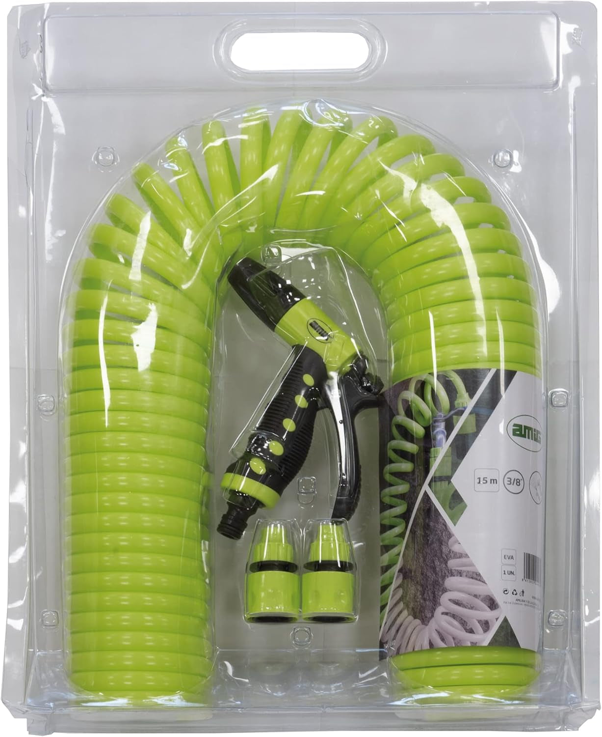 Amig-Turun | Spirale | 15 mètres | Comprend 4 accessoires | Avec pistolet d'arrosage, adaptateur de robinet et 2 raccords rapides | Caoutchouc EVA | Vert pistache