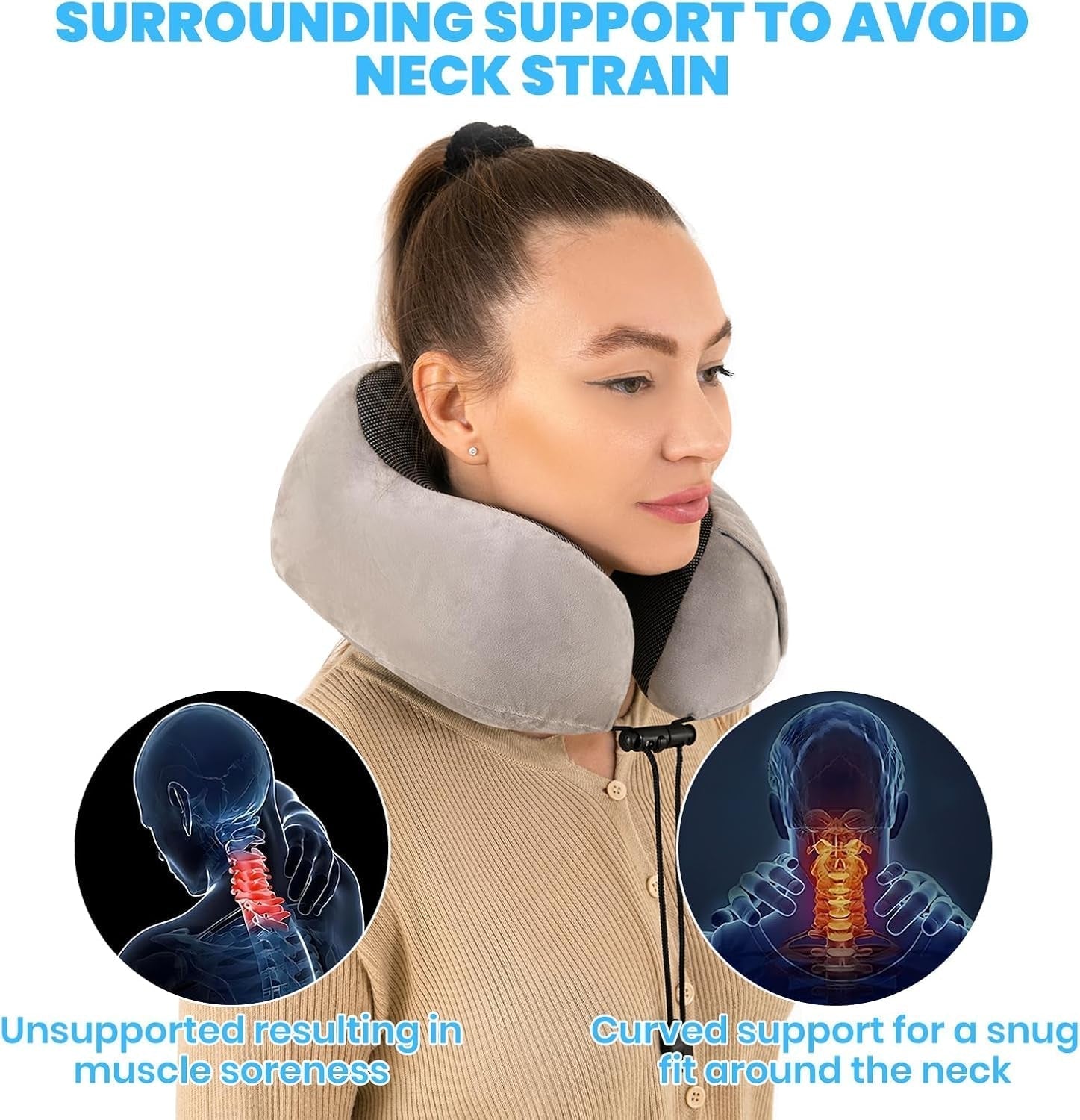 Good Nite Oreiller cervical Oreiller de voyage Oreiller de voyage pour adulte Oreiller de voiture Oreiller de maison Oreiller de tête Ergonomique Mousse à mémoire de forme Lavable avec dos étroit Oreillers de voyage gris réglables Naty Shop