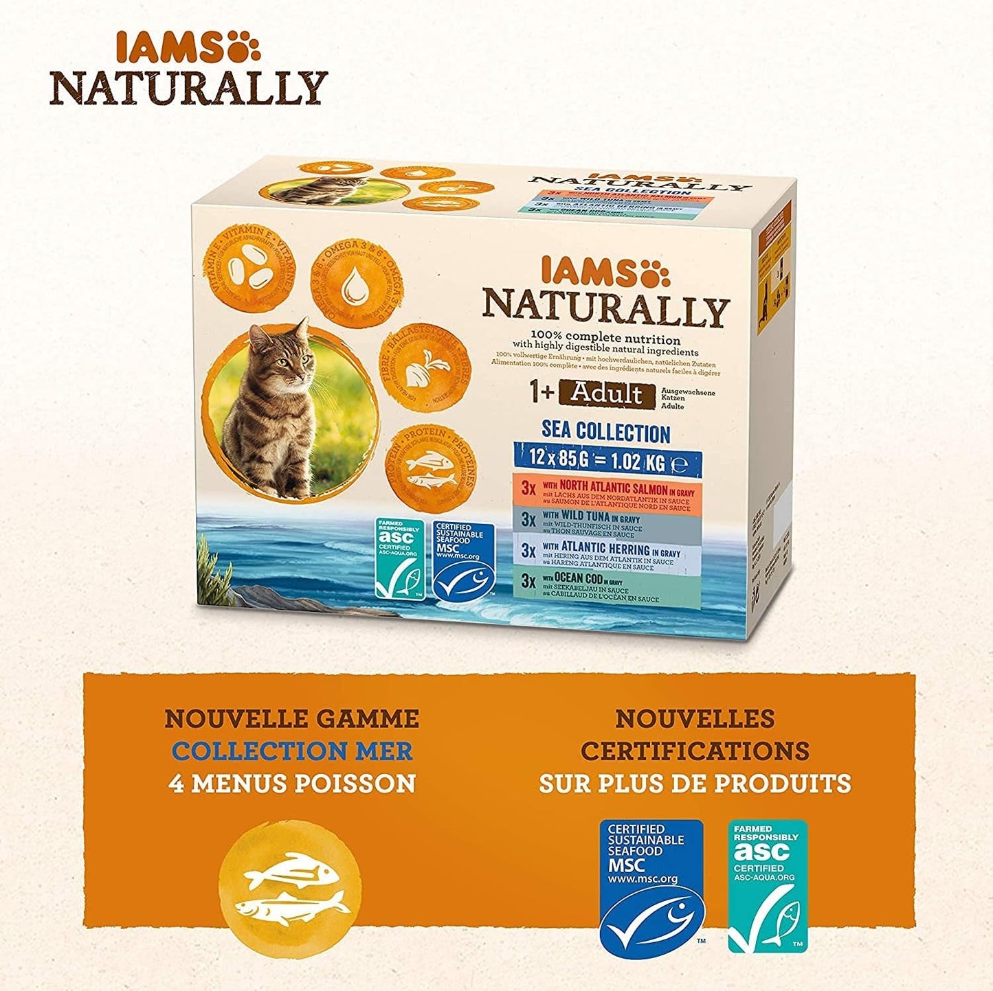 IAMS Nourriture humide naturelle pour chat en sauce – Nourriture humide de haute qualité au poisson pour chat adulte, Sea Collection, 12 x 85 g