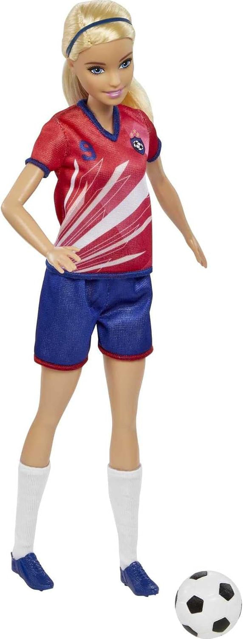 Barbie Série You Can Be Anything, Joueur de football, Joueur de football aux cheveux blonds, Maillot rouge et bleu, Ballon, Accessoires, Poupée incluse, Cadeau à partir de 3 ans, HCN17