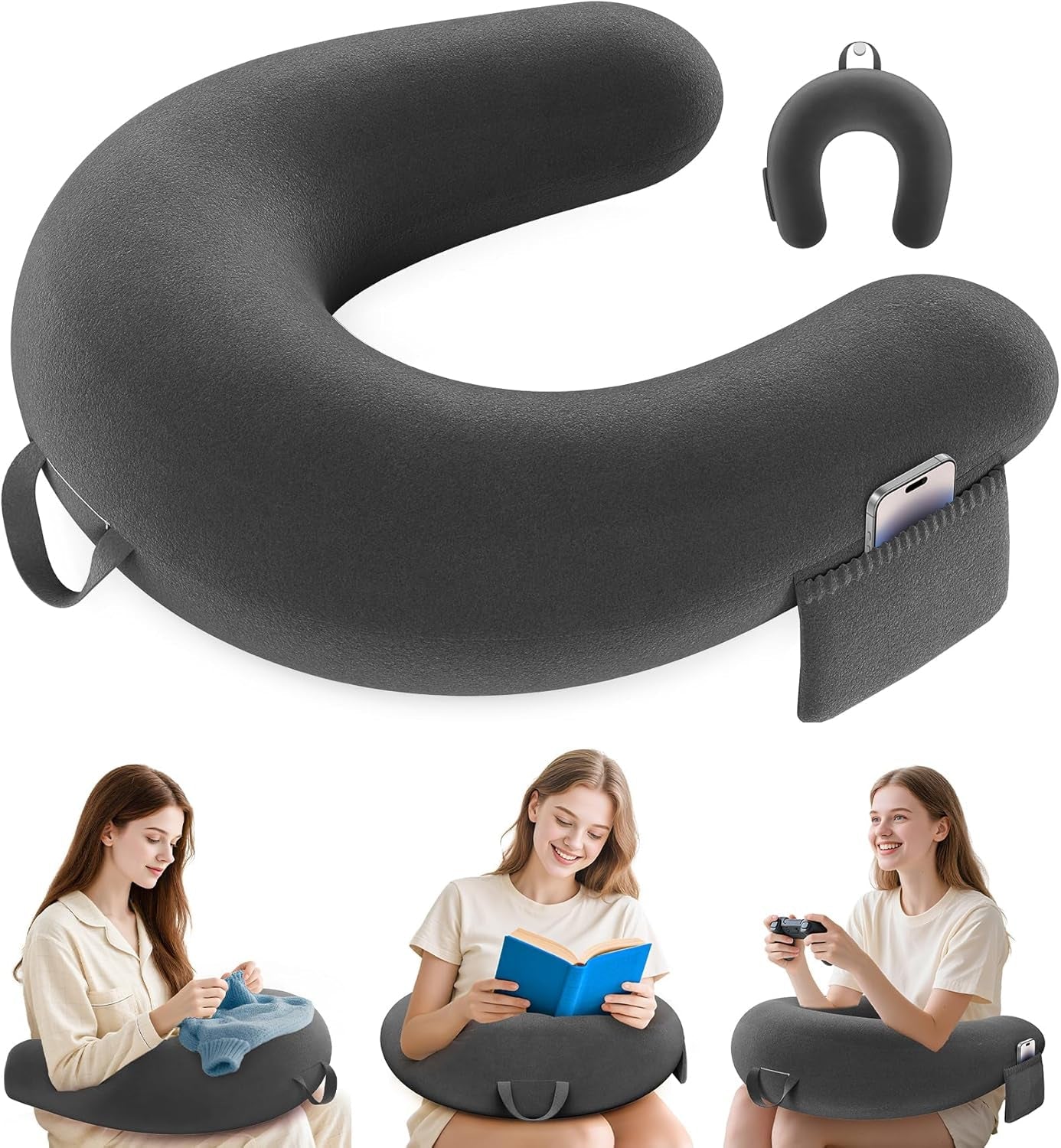 Oreiller de jeu et de lecture, oreiller de lecture pour lit/canapé/sol, oreiller d'alimentation/crochet avec grand oreiller de jeu ergonomique, oreiller de joueur pour iPad/ordinateur portable – Noir