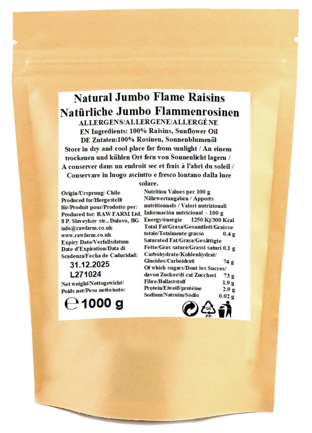 1 kg de raisins secs Jumbo Flame crus, fruits entiers, sans gluten, sans soja, sans sucre ajouté, sans conservateur, sans édulcorant, à l'huile de tournesol Produits déshydratés Naty Shop