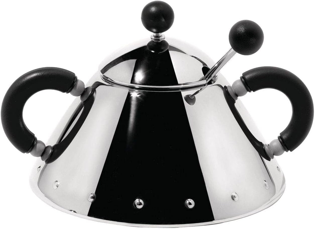 Théière Alessi avec cuillère en acier inoxydable, poignées et bouton PA, noir