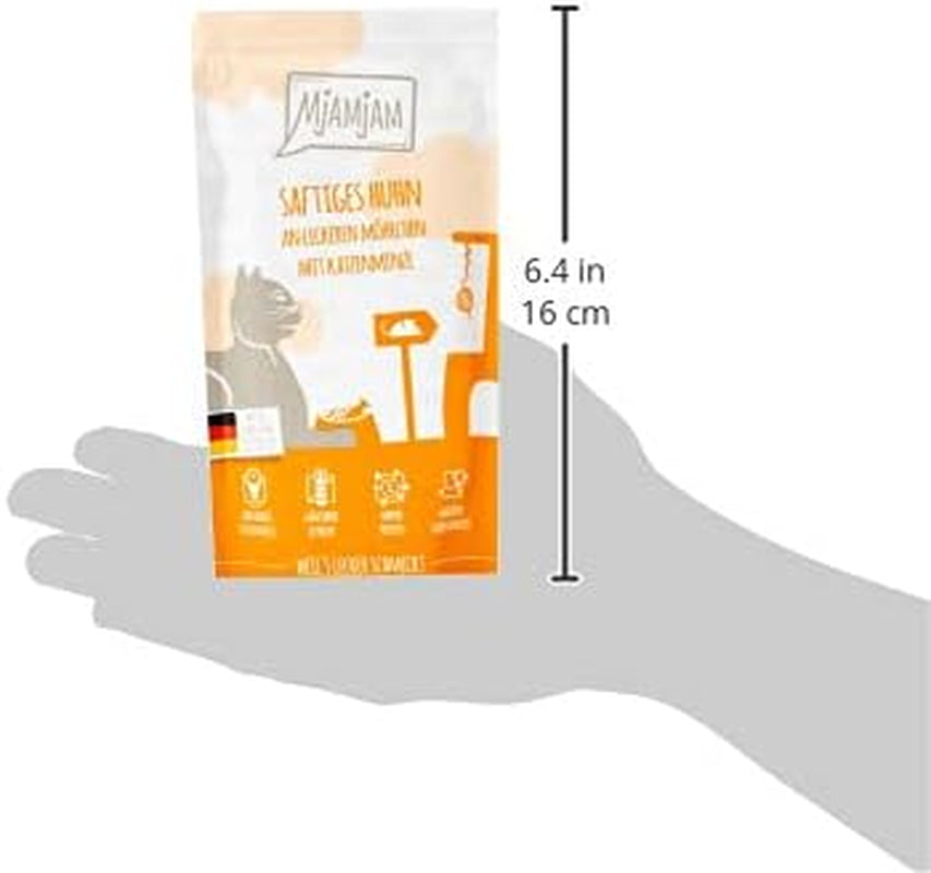 MjAMjAM - Nourriture humide de qualité supérieure pour chats – Sachet compressible – Poulet juteux avec de délicieuses carottes, paquet de 12 (12 x 125 g) sans céréales avec viande supplémentaire
