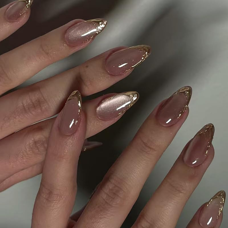 Moonglow Faux Ongles Magnétiques Courts, Rose Amande Rouge Dégradé Paillettes Oeil de Chat avec Colle, Rose Rouge Ombre Paillettes Photothérapie Ongles Artificiels pour Femmes et Filles