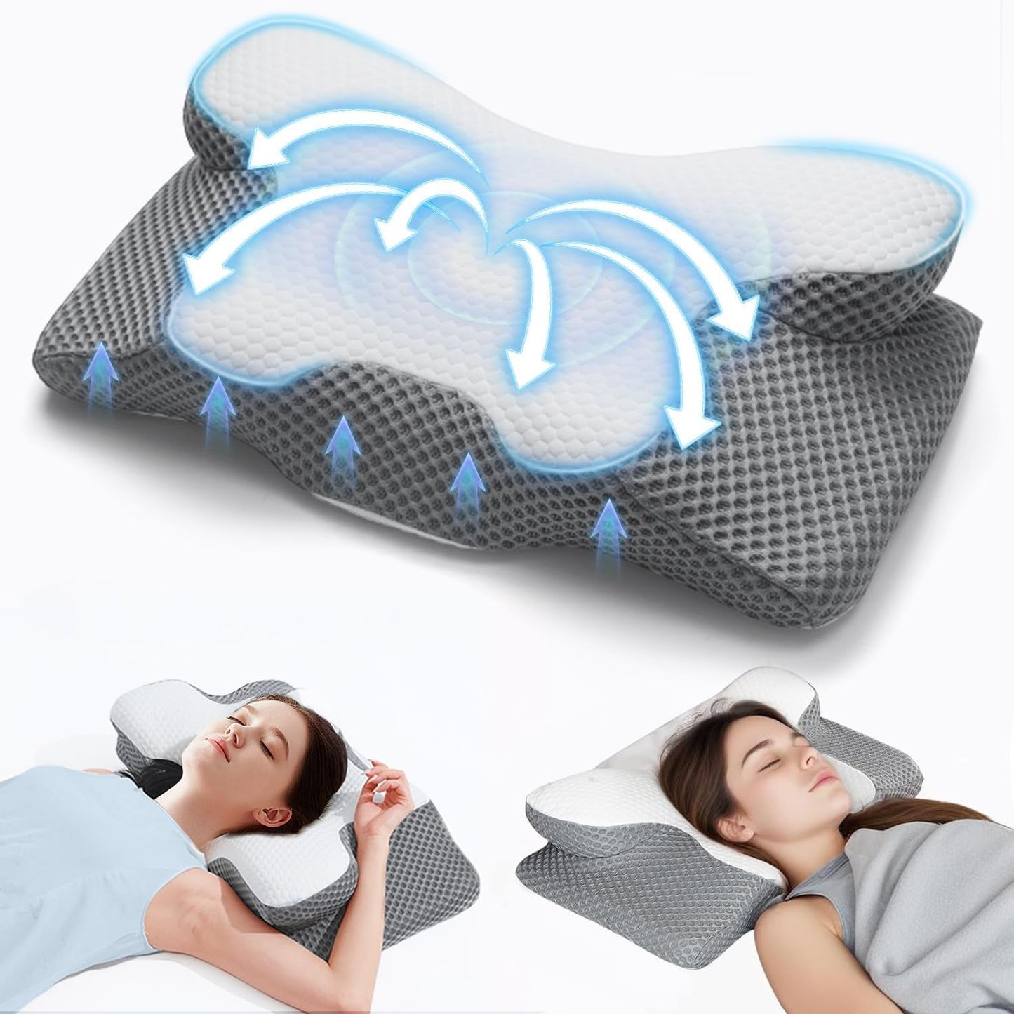 Oreiller cervical 2 en 1, oreiller en mousse à mémoire de forme, oreiller orthopédique ergonomique, 2 hauteurs de couchage, oreiller de soutien du cou pour soutien latéral/dos/ventre Oreillers orthopédiques cervicaux Naty Shop Gris