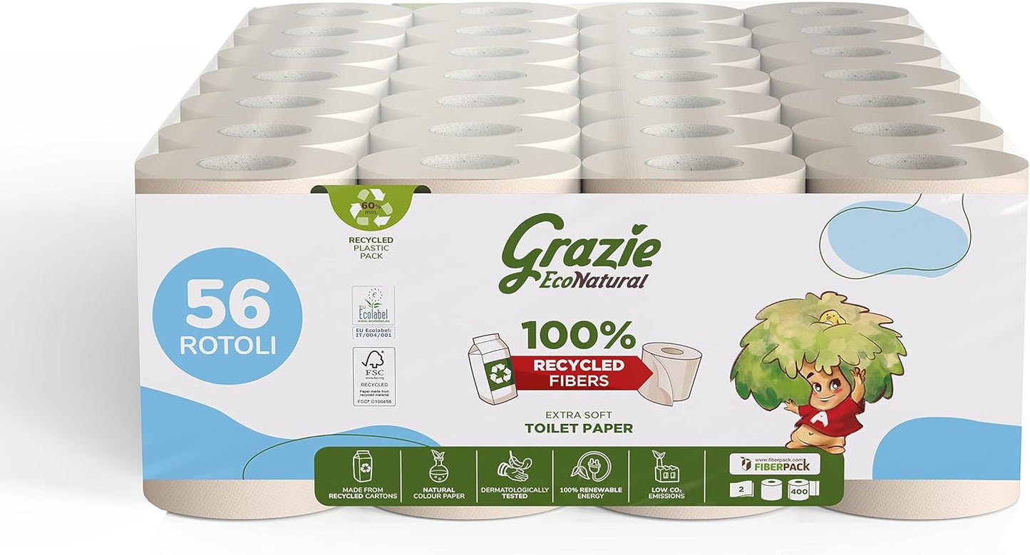 Papier toilette naturel Grazie, Econatural, 56 rouleaux, papier toilette recyclé Fibrepack, 100 % écologique, respectueux de l'environnement, certifié Ecolabel et recyclé FSC, fabriqué en Italie