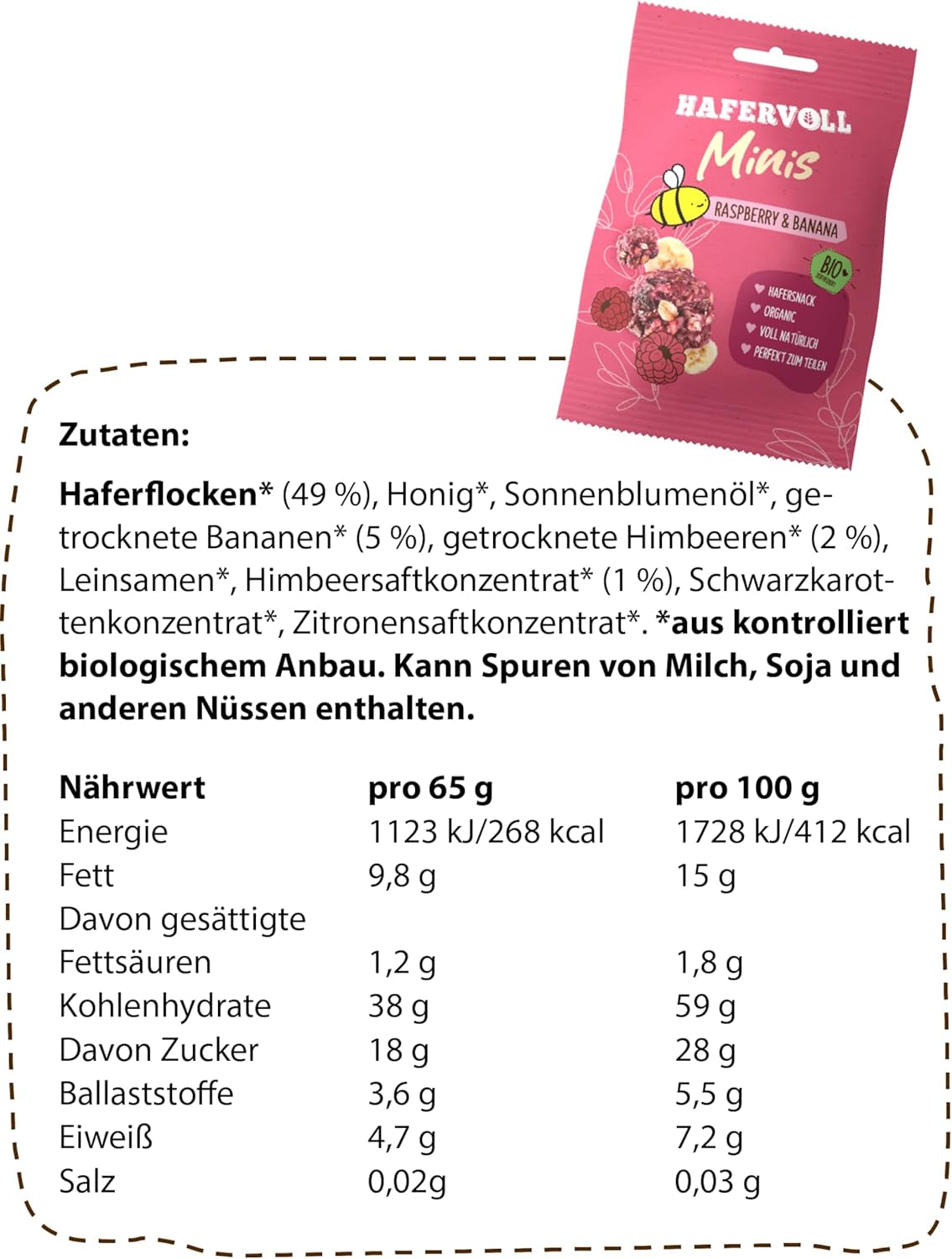 HAFERVOLL Minis Colza et Banane 8x 65g - Certifié bio, au miel, sans sucre ajouté, parfait à partager