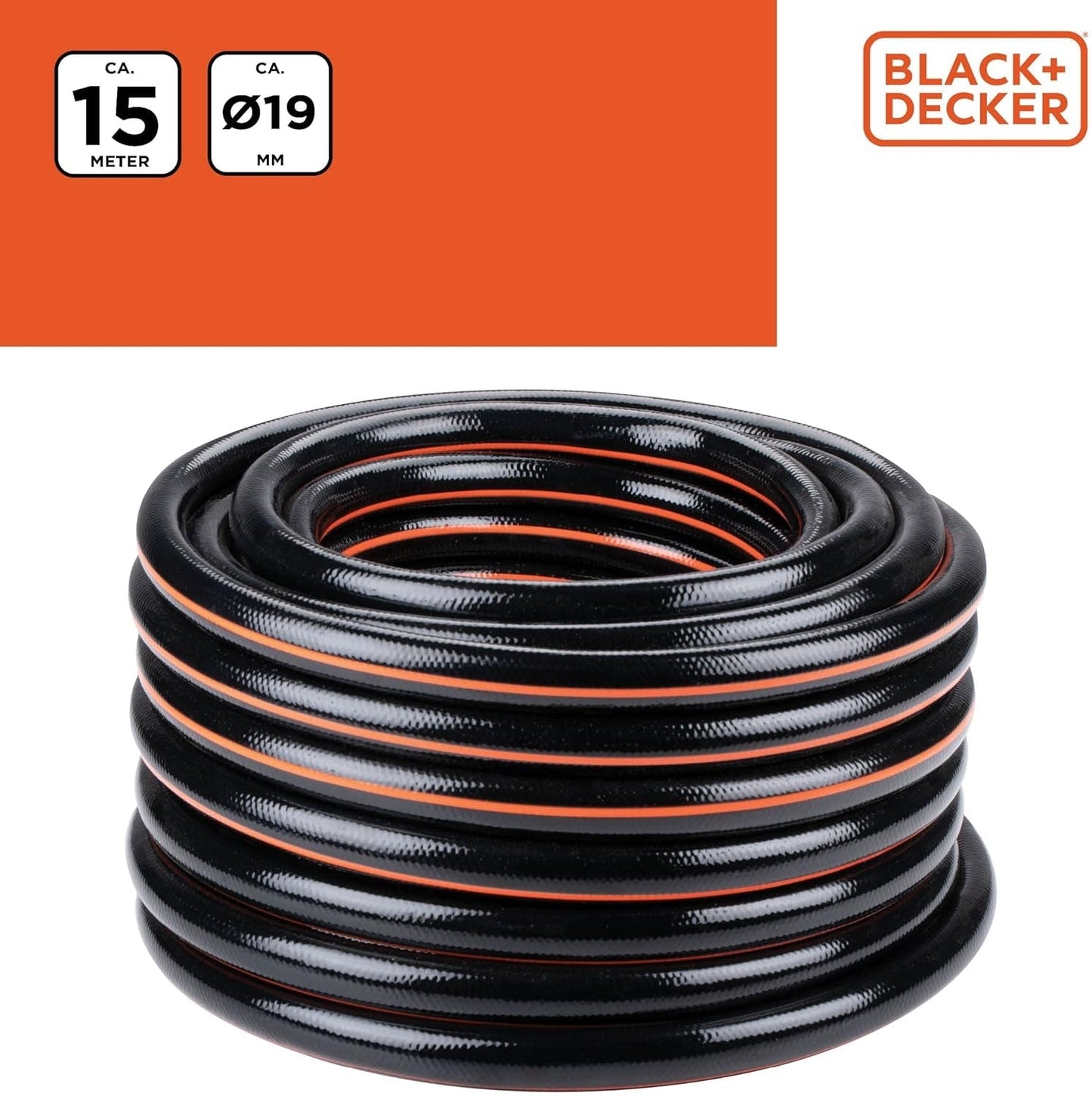 Tuyau d'arrosage BLACK+DECKER 15 mètres - Ø19MM - PVC résistant - Arrosage du jardin, lavage de la voiture, remplissage de la piscine - Compatible avec tout robinet standard - Noir/Orange