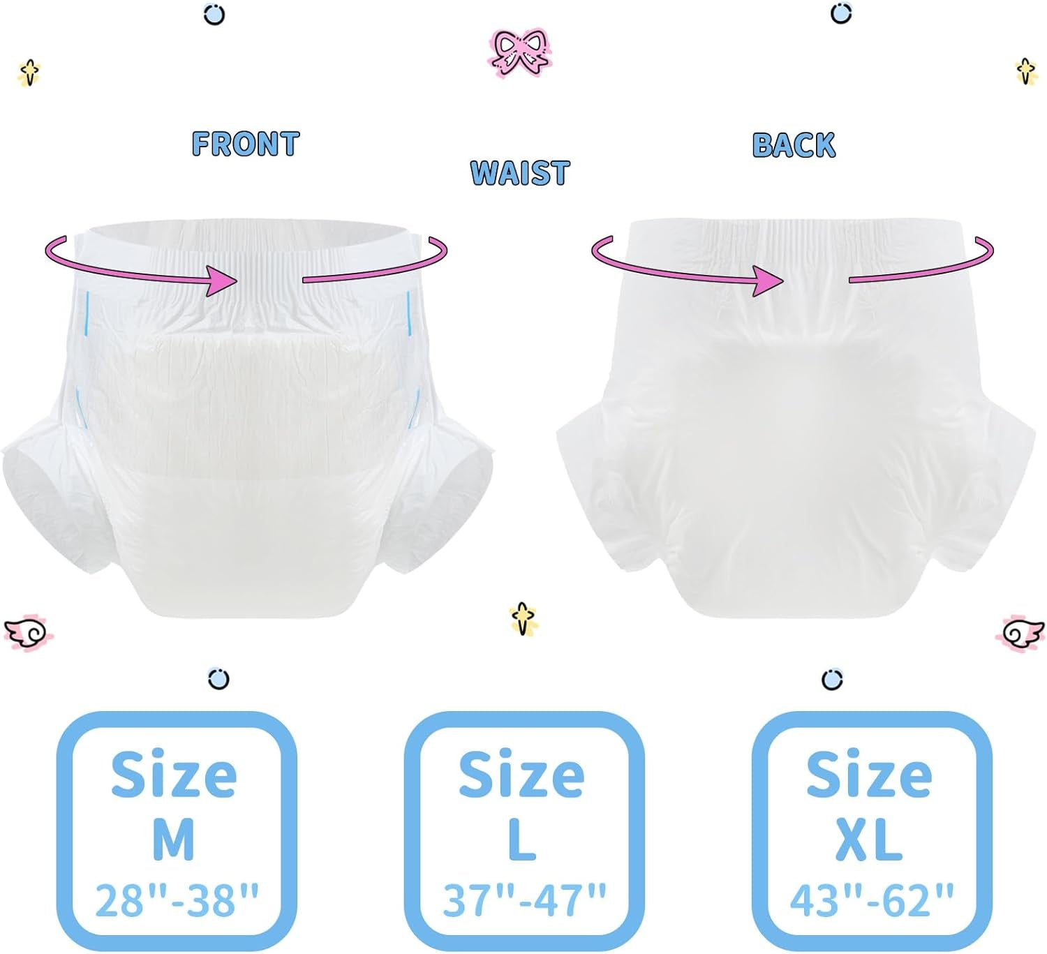 CutiePlusU Lot de 10 couches jetables pour incontinence avec boucles pour femme et homme, absorption maximale pendant la nuit – Blanc (taille moyenne 71-96 cm)
