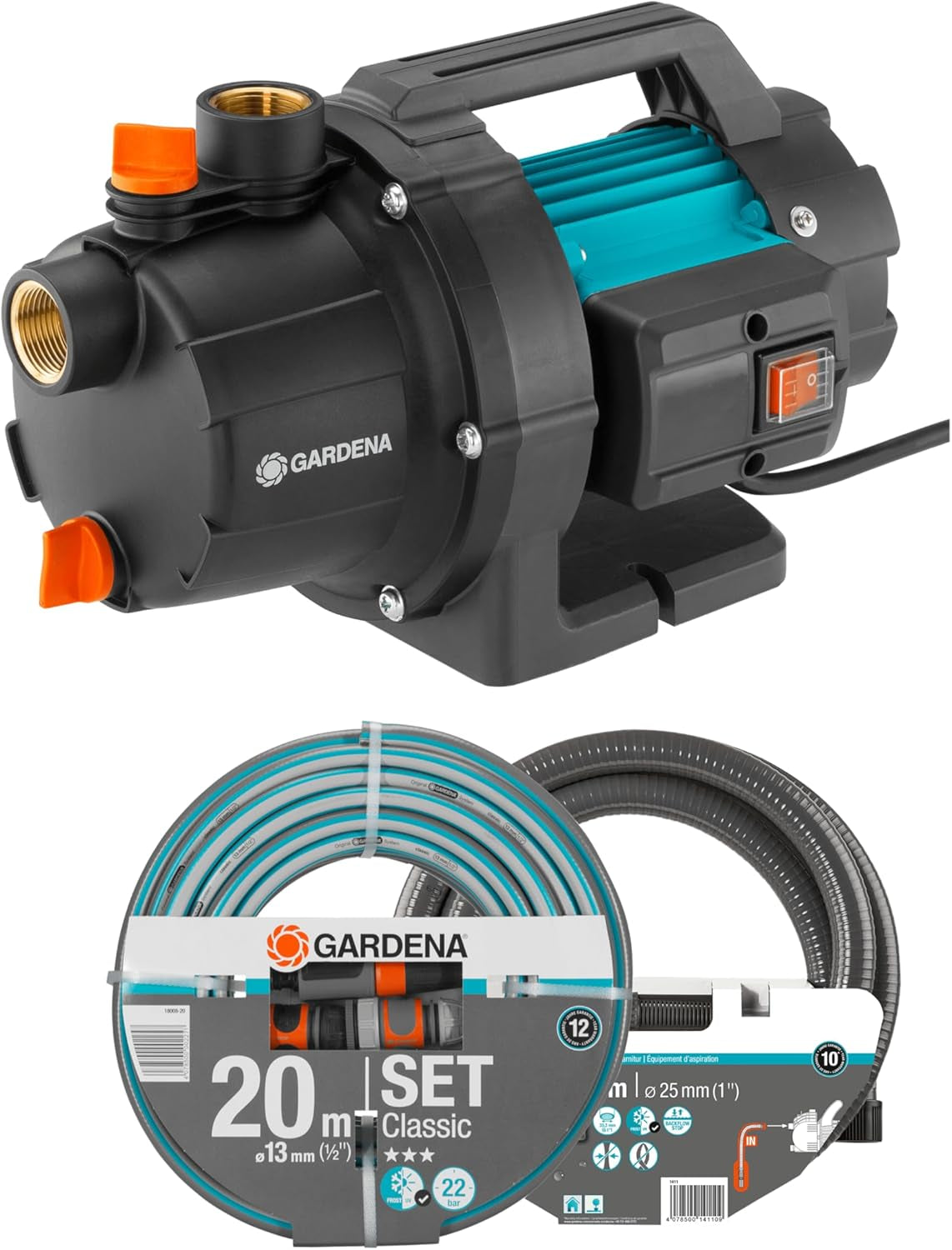 Kit pompe de jardin Gardena 09011-47 3000/5, jusqu'à 3 000 l/h avec jeu de tuyaux