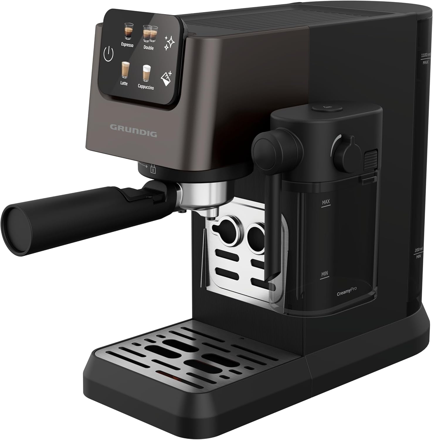 Machine à expresso porte-filtre GRUNDIG KSM 5330 avec réservoir à lait intégré, puissance 1628 W, pression de pompe 15 bar, double buse, écran tactile couleur, BrewSense, CreamyPro, acier inoxydable foncé/noir